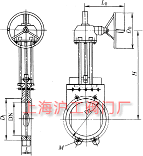 Z573X-6、Z573X-10 型鑄鐵錐齒輪傳動(dòng)對(duì)夾式漿液閥主要外形及結(jié)構(gòu)尺寸示意圖