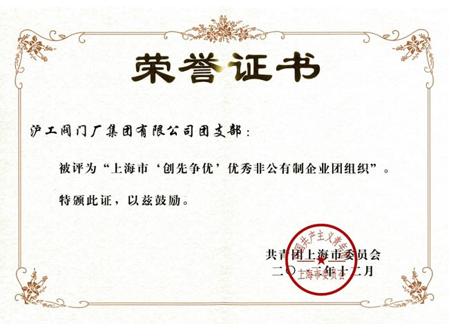 上海市‘創先爭優’特色非公有制企業團組織-榮譽證書